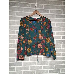 Jack by BB Dakota Womens Peasant Blouse Green Floral V-Neck Bell Sleeve‎ Small